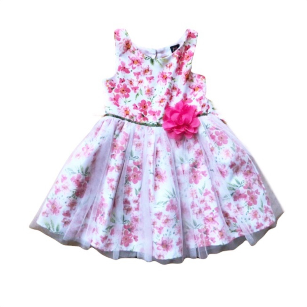 Girls Easter Dress by Lilt. Pink Floral with Full Tulle Skirt. Heart Cut Out